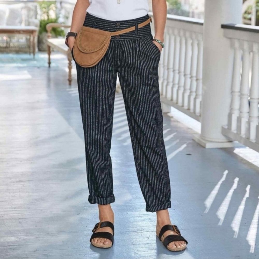Sundance Amelia Black Striped Linen Trouser Pants